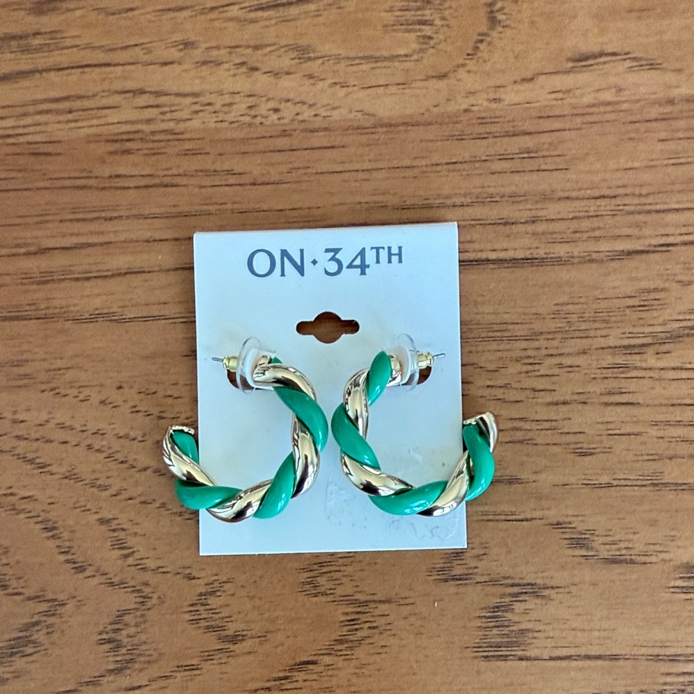 Green and Gold Twisted Hoop Earrings